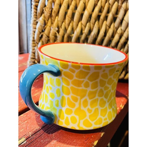 Pier 1 Coffee Mug Cup Yellow Hand Painted Giraffe Print Teal Handle 8 Ounces - Picture 7 of 12
